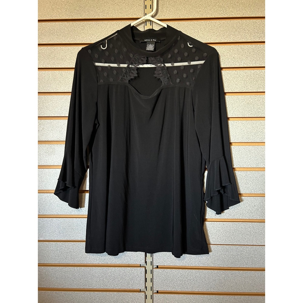 Adele & May Black Mock Neck Lace Mesh Bell Sleeve Top L Goth Romantic Dressy